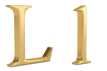 Gold metal l alphabet isolated on white background 3D illustration.