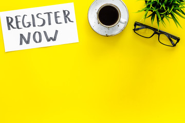 Membership concept. Template for registration. Register now hand lettering iconon word desk with...