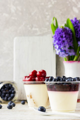 Italian dessert pana cota with berry jam and fresh blueberries