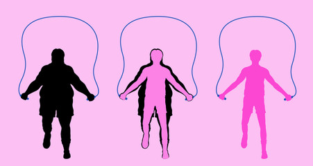 Fat man exercising with jumping rope and losing weight