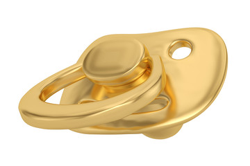 Gold pacifier isolated on white background 3D illustration.