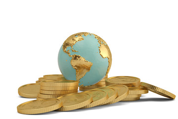 Gold coins and globe isolated on white background 3D illustration.