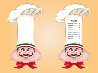 Mexican chef and menu on hat with food of Mexico