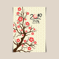 Chinese New Year Background. White Blooming Sakura Branches on Red Backdrop