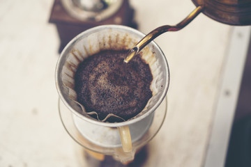 coffee drip process, vintage filter image, slow bar