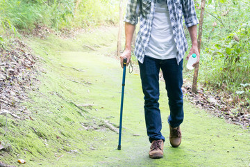 Young man traveler walking in the forest, Holiday activities.