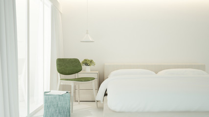 Bedroom and living area in hotel or resort - White bedroom and green chair in apartment or home - Interior simple design - 3D Rendering