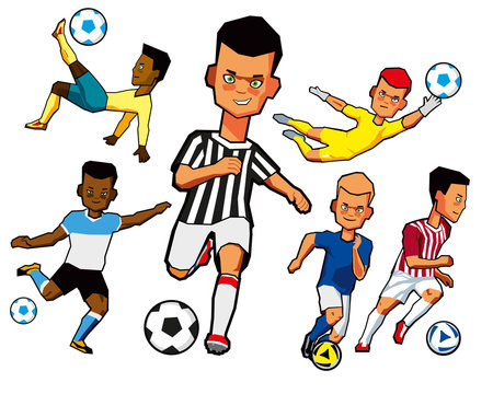 Painted boys football players in different shapes and different poses. Set. Vector graphics