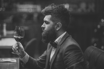 blind date. Date meeting of hipster awaiting in pub. Perfect wine. bar customer sit in cafe...