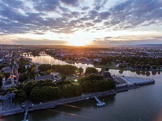 Sunset in Koblenz City Germany historic monument German Corner where the rivers rhine and mosele...
