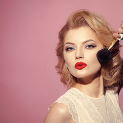 young sensual woman with red lips. Beauty, fashion, cosmetics, vintage style.