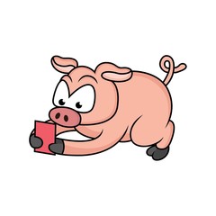 cartoon expression of a pig is holding a red card