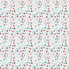 cute kiddie hand drawn seamless pattern illustration with floral and herbal elements. repeating tile for fabric, sheet sets, product design, wrapping paper, wallpaper, nursery, kid's room decor.