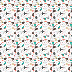 cute kiddie hand drawn seamless pattern illustration with adorable animals characters (bear, cat, penguin, fox, dog, bunny, panda, bird, deer) repeating tile for fabric, product design, wrapping paper