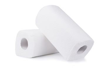 Group of white rolls papper towels, isolated on white background