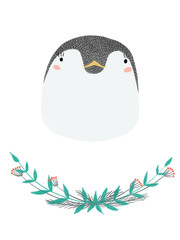 isolated cute kiddie color pencil hand drawn greeting card with adorable penguin and floral wreath border. clip art raster artwork with floral doodles and animal character for kids room decoration.