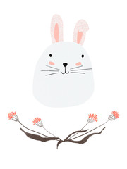 isolated cute kiddie color pencil hand drawn greeting card with adorable white bunny and floral wreath border. clip art raster artwork with floral doodles and animal character for kids room decoration