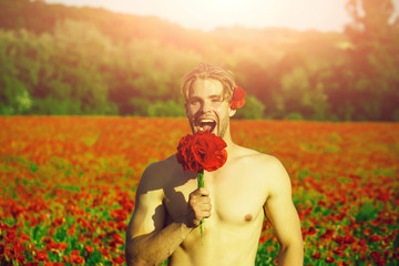 woman's happiness. smiling happy man in field of red poppy seed