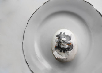 White egg with currency sign. Bitcoin logo on a crushed white egg on the gray background