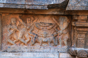 Depiction of yoga pose, base of North-west mandapa, Airavatesvara Temple, Darasuram, Tamil Nadu