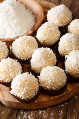 Brazilian Coconut Kisses (Beijinhos de Coco) condensed milk and coconut flakes close-up. Vertical