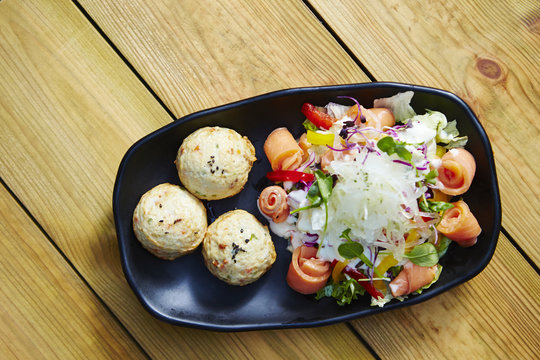 Fish cake ball with salmon salad 