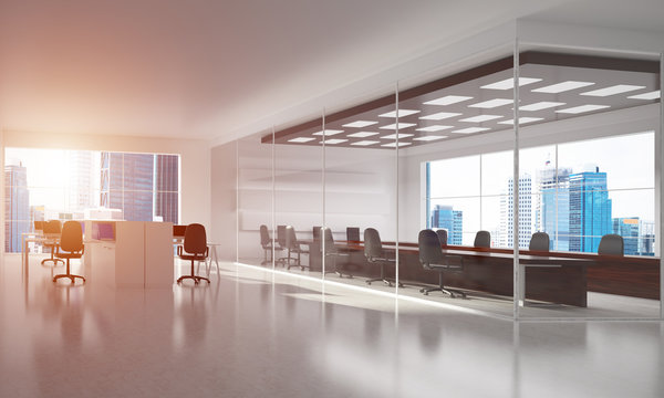 Office interior design in whire color and rays of light from window