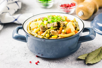 Vegetables and meat stew in a pot. Selective focus, space for text.