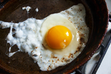 Fried egg on a frying pan. A close up.