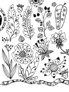 vector drawing, collection of flowers and leaves, stylized plants