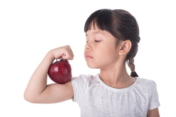 Portrait of cute little girl holding an apple - isolated on white.