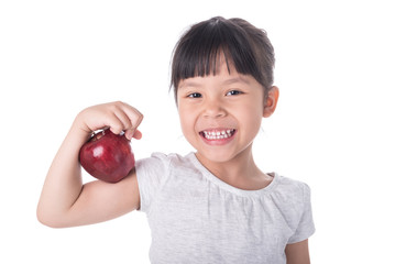 Portrait of cute little girl holding an apple - isolated on white.