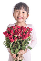 little girl holding bouquet or red rose flowers, asian girl with flowers