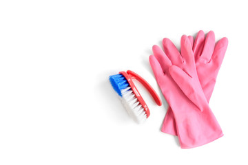 Pink rubber gloves isolated on white background.