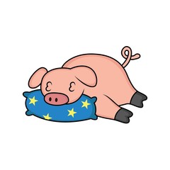 cartoon pig is sleeping with pillow