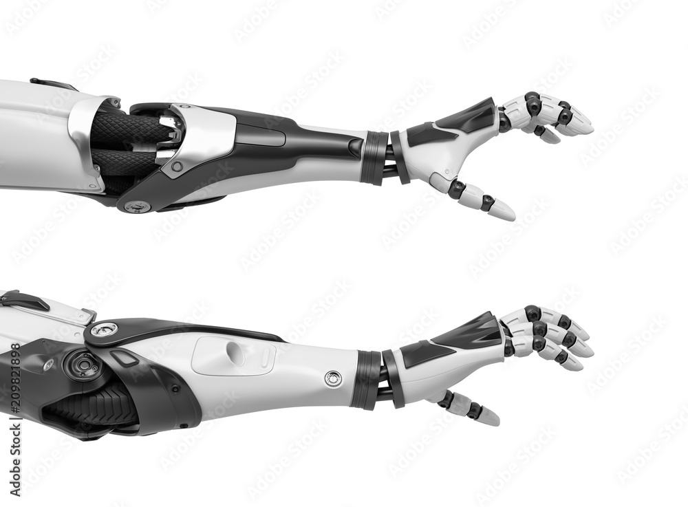 Poster 3d rendering of two robot arms with hand fingers in grabbing motion on white background.