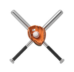 3d rendering of two steel baseball bats making a cross with a baseball lying inside an orange glove.