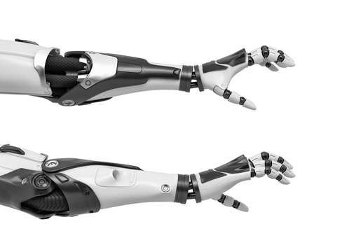 3d rendering of two robot arms with hand fingers in grabbing motion on white background.