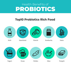 Probiotics health benefits vector infographic. Flat stroke illustration about nutrient rich food and how probiotics influences human body. Top 10 probiotics rich food.