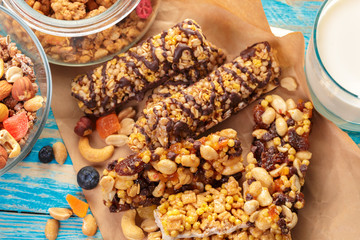 Granola bar on wooden background