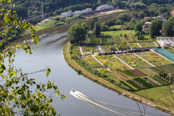 Nice view from hill Rivnac to Vltava meander with boat