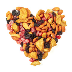 Mix nuts and dry fruits on a white background