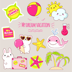 Set of cute summer stickers in kawaii style