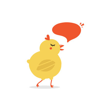 Vector illustration of cute cartoon little chicken character talking, giving advice.