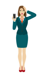 Fototapeta premium Businesswoman holding a mobile phone and grabbed his head