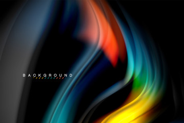 Fluid liquid colors design, colorful marble or plastic wavy texture background, glowing multicolored elements on black, for business or technology presentation or web brochure cover design, wallpaper