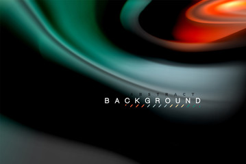 Fluid liquid colors design, colorful marble or plastic wavy texture background, glowing multicolored elements on black, for business or technology presentation or web brochure cover design, wallpaper