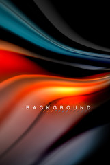 Fluid liquid colors design, colorful marble or plastic wavy texture background, glowing multicolored elements on black, for business or technology presentation or web brochure cover design, wallpaper