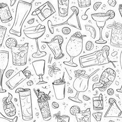 Seamless Pattern With Hand Drawn Summer Cocktail In Glass.