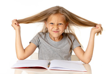 young girl pulling her hair in stress and over worked education concept - obrazy, fototapety, plakaty